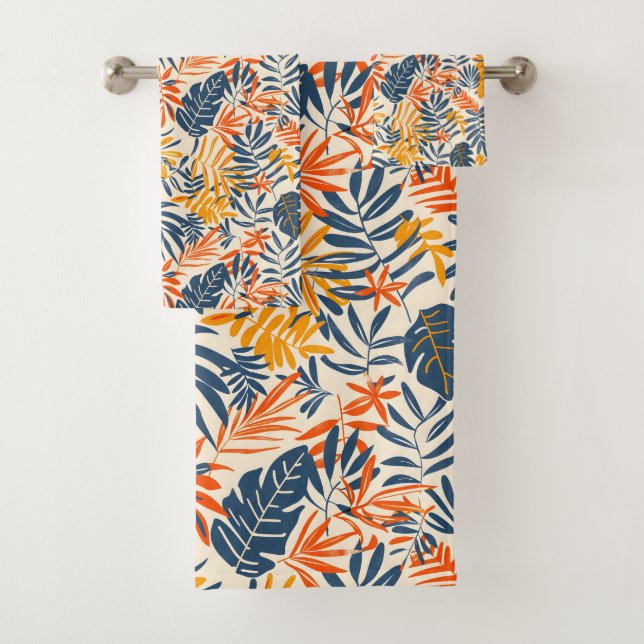 Cute Tropical leaf colourful pattern tiled  Bath Towel Set (Insitu)