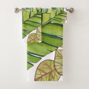 Cute Tropical Leaves In Watercolor Bath Towel Set