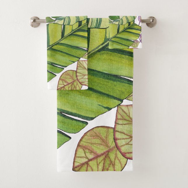 Cute Tropical Leaves In Watercolor Bath Towel Set (Insitu)