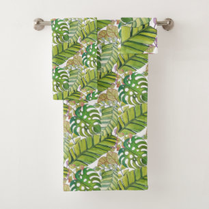 Cute Tropical Leaves In Watercolor Bath Towel Set