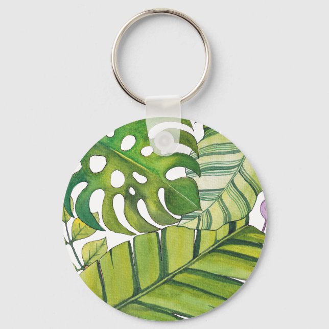 Cute Tropical Leaves In Watercolor Keychain (Front)