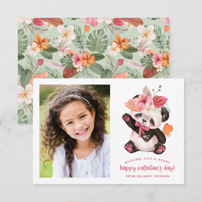 Cute Tropical Panda Kids Photo Valentine Card (Front/Back)