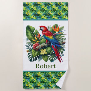 Cute tropical parrot lovers add name  beach towel