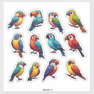 Cute Tropical Parrots Colorful Cartoon Birds