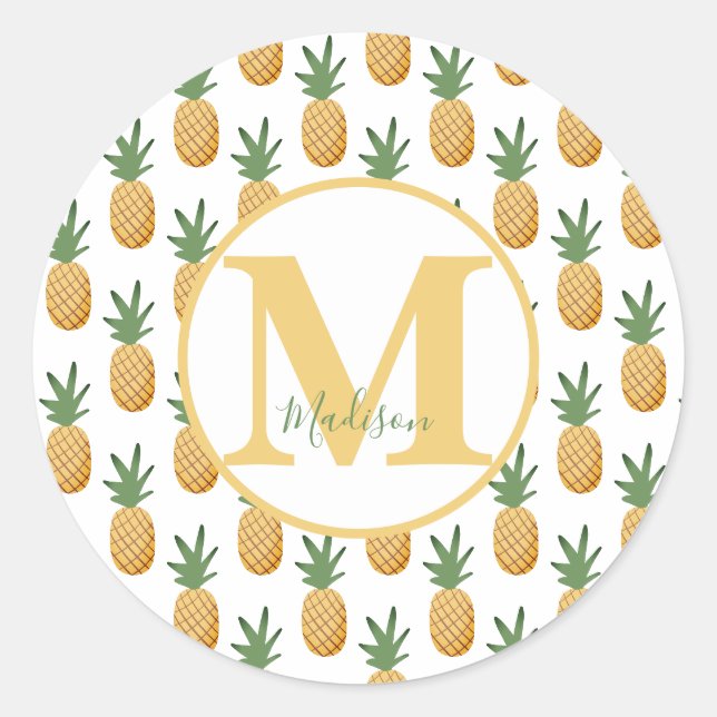 Cute Tropical Pineapple Monogram Name  Classic Rou Round Sticker (Front)