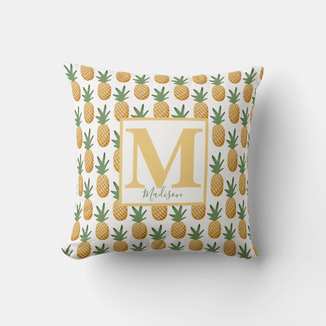 Cute Tropical Pineapple Monogram Name  Throw Pillo Pillow (Front)