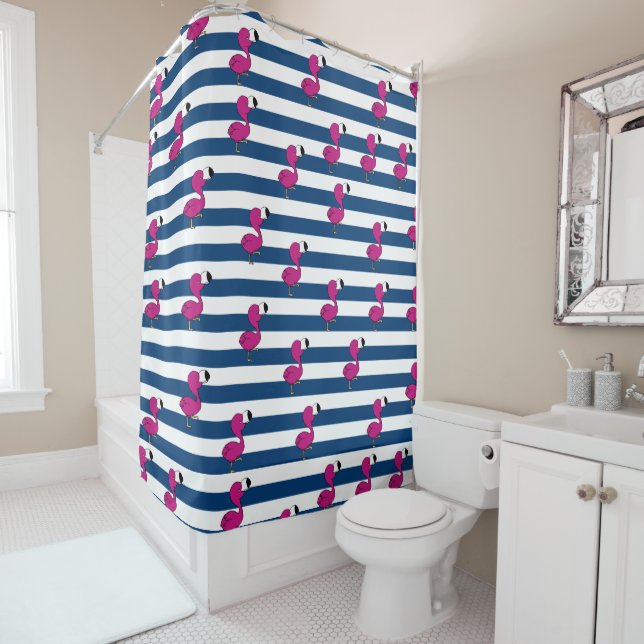 cute tropical pink baby flamingo navy blue striped (In Situ)