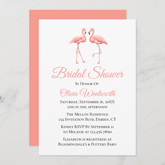 Cute Tropical Pink Flamingo Bridal Shower Invitation (Front/Back)