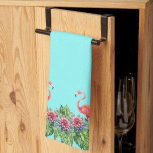 Cute Tropical Pink Flamingos on Teal Background Kitchen Towel
