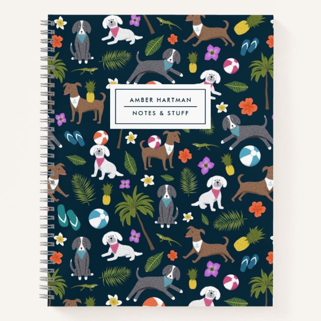 Cute Tropical Puppies Pattern  | Navy Notebook (Front)