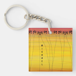 Cute Tropical Sunset and Silhouette Coconut Trees Keychain