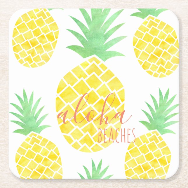 Cute Tropical Watercolor Pineapple Aloha Beaches Square Paper Coaster (Front)