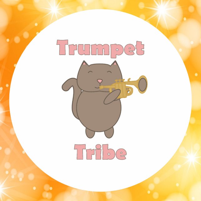 Cute Trumpet Tribe Cat Illustration  Classic Round Sticker (A sticker with a brown cat playing the trumpet and the text trumpet tribe.)