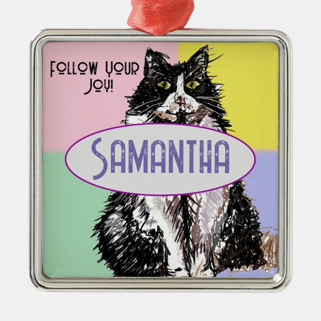 Cute Tuedo Cat Pastel Pink Childs Name Decoration (Front)
