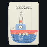 Cute Tug Boat Red Blue Illustration Name Custom iPad Pro Cover<br><div class="desc">This cute custom iPad cover features a whimsical illustration of a tug boat in red and blue. Personalize it with your name. Great gift idea.</div>