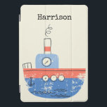 Cute Tug Boat Red Blue Illustration Name Custom iPad Pro Cover<br><div class="desc">This cute custom iPad cover features a whimsical illustration of a tug boat in red and blue. Personalize it with your name. Great gift idea.</div>