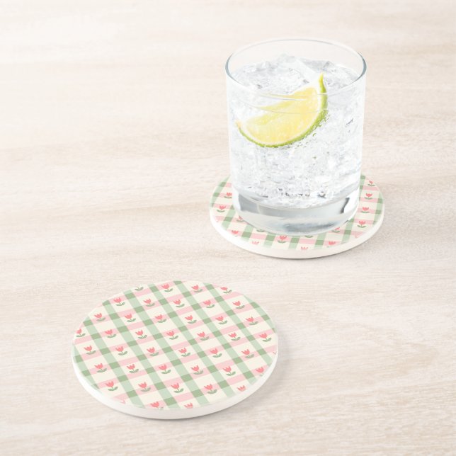 Cute Tulip Checkered Pattern | Pastel Floral  Coaster (Side)