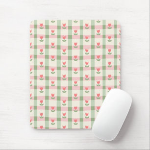 Cute Tulip Checkered Pattern Pastel Floral Mouse Pad