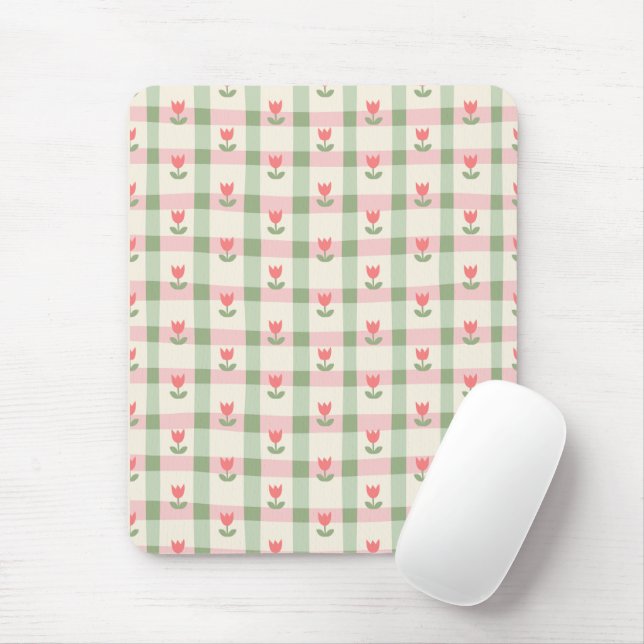 Cute Tulip Checkered Pattern | Pastel Floral  Mouse Pad (With Mouse)
