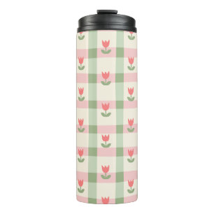 Cute Tulip Checkered Pattern Pastel Floral Thermal Tumbler