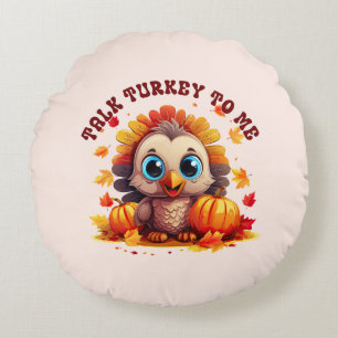 Cute Turkey and Autumn Foliage Round Pillow