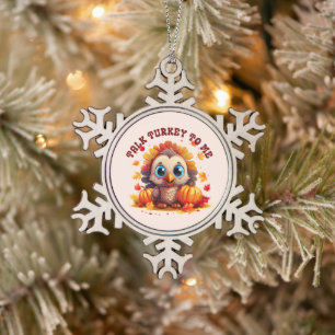 Cute Turkey and Autumn Foliage Snowflake Pewter Christmas Ornament