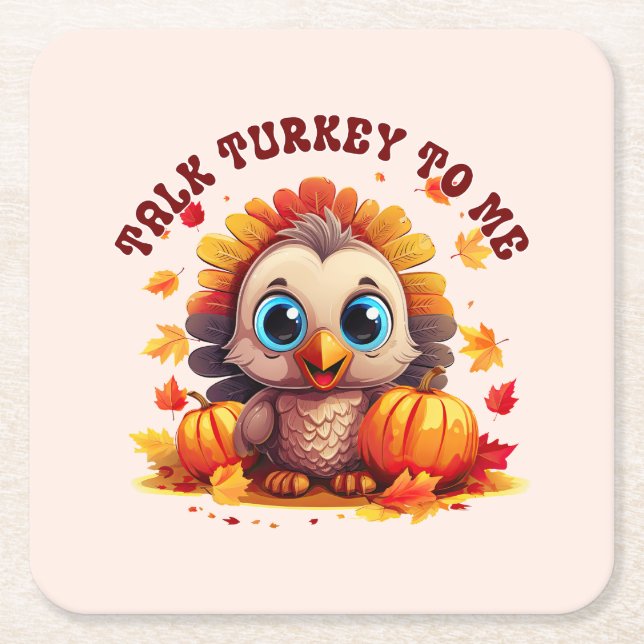 Cute Turkey and Autumn Foliage Square Paper Coaster (Front)