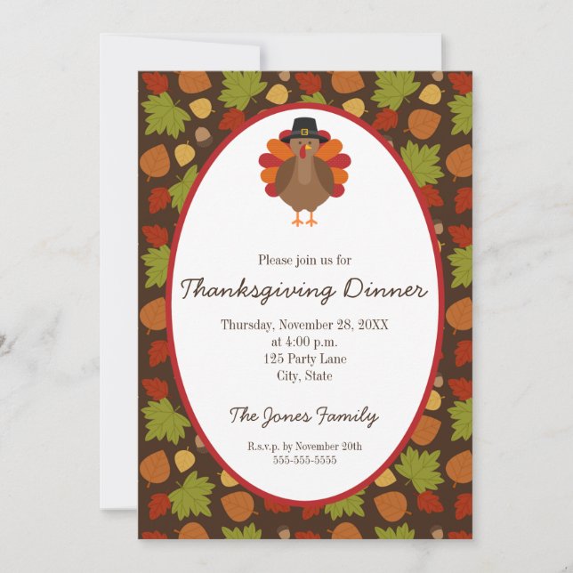 Cute Turkey and Leaves Thanksgiving Invitation (Front)