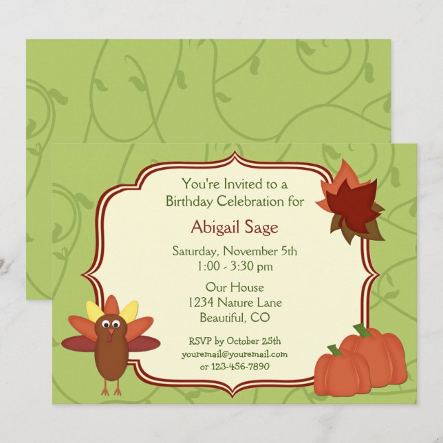 Cute Turkey and Pumpkins Thanksgiving Birthday Invitation (Front/Back)