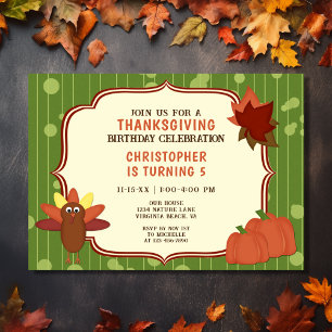 Cute Turkey and Pumpkins Thanksgiving Birthday Invitation
