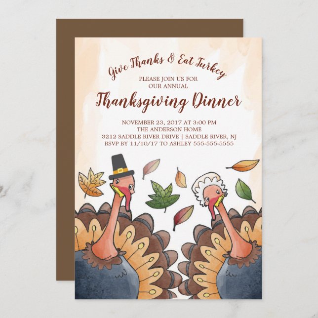 Cute Turkey Couple Thanksgiving Dinner Invitation (Front/Back)