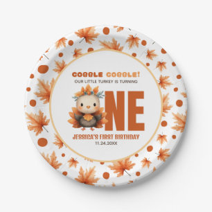 Cute Turkey Gobble Thanksgiving Fall 1st Birthday Paper Plate