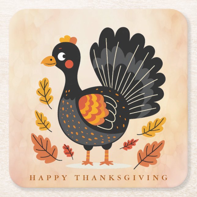 Cute Turkey Happy Thanksgiving Paper Coaster (Front)