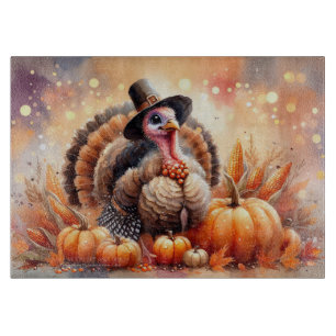 Cute Turkey Pilgrim Hat Pumpkins Corn Thanksgiving Cutting Board