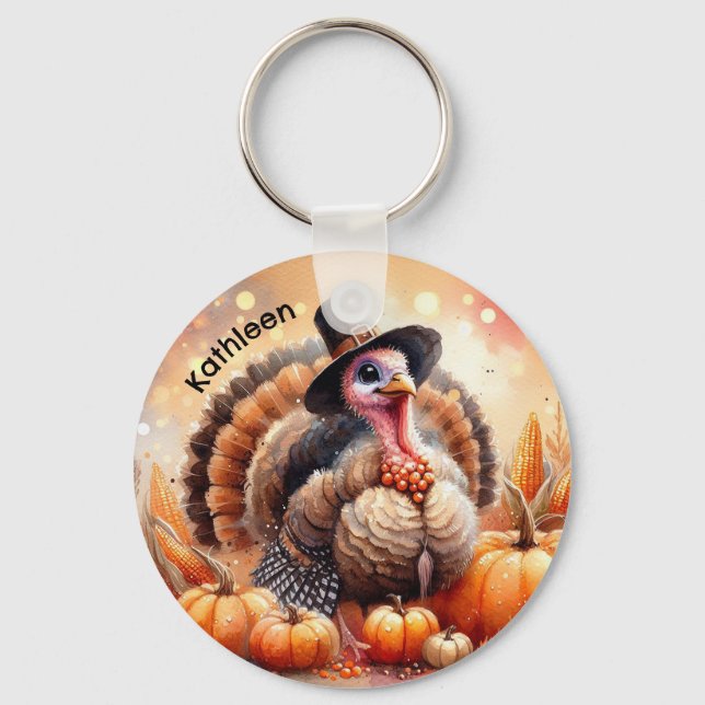 Cute Turkey Pilgrim Hat Pumpkins Corn Thanksgiving Keychain (Front)