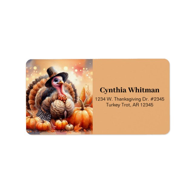 Cute Turkey Pilgrim Hat Pumpkins Corn Thanksgiving Label (Front)