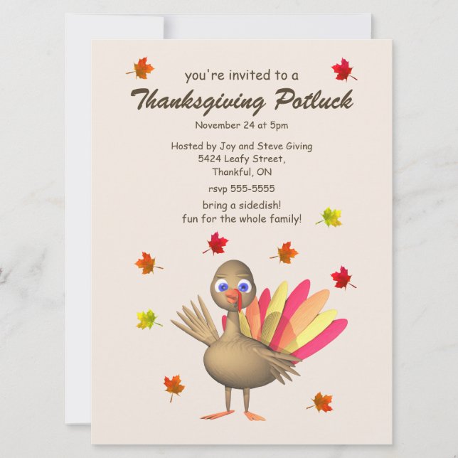 Cute Turkey Thanksgiving Potluck Invitation (Front)