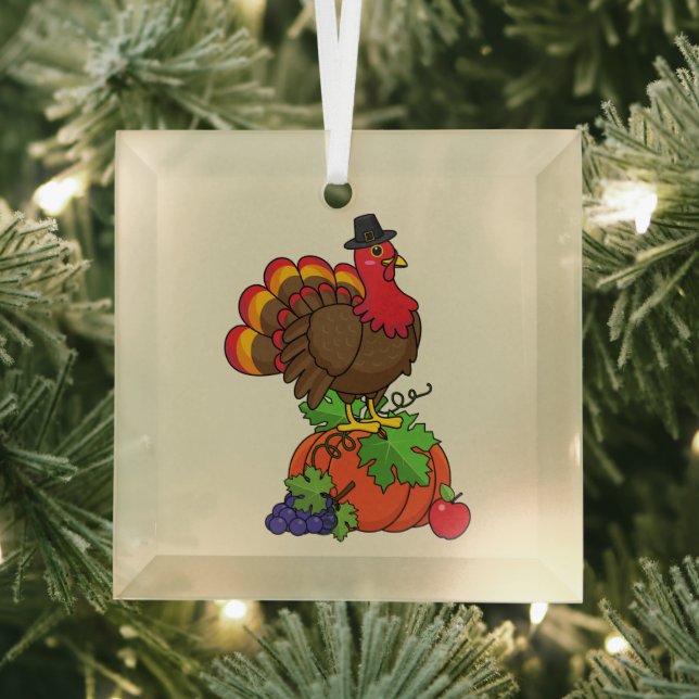 Cute Turkey with Harvest Thanksgiving Glass Ornament (Insitu)