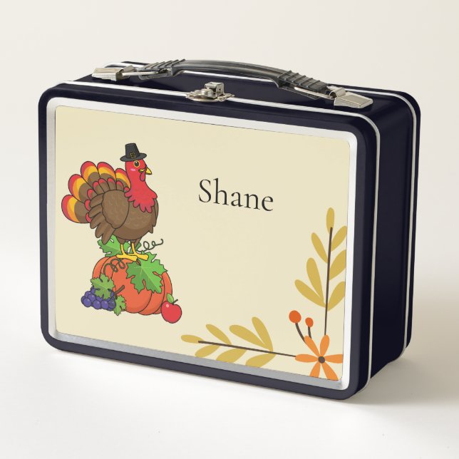 Cute Turkey with Harvest Thanksgiving Metal Lunch Box (Front)