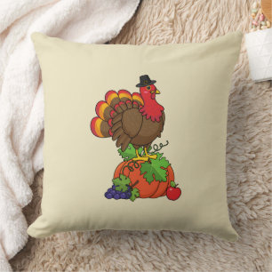 Cute Turkey with Harvest Thanksgiving Throw Pillow