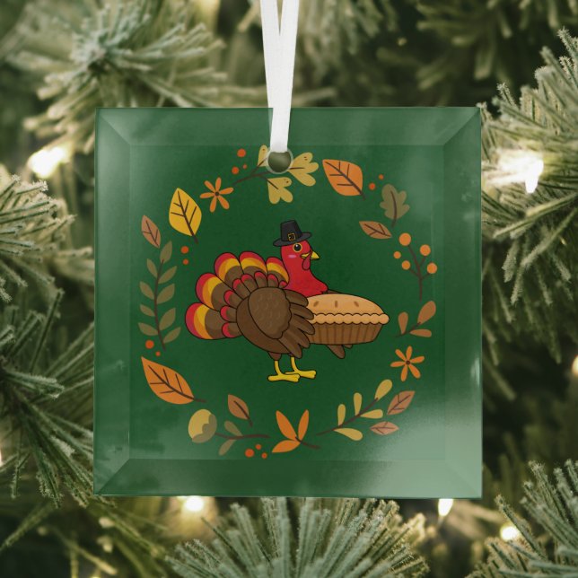 Cute Turkey with Pumpkin Pie Thanksgiving Glass Ornament (Insitu)