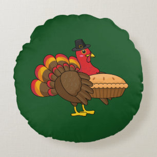 Cute Turkey with Pumpkin Pie Thanksgiving Round Pillow