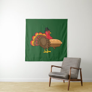 Cute Turkey with Pumpkin Pie Thanksgiving Tapestry