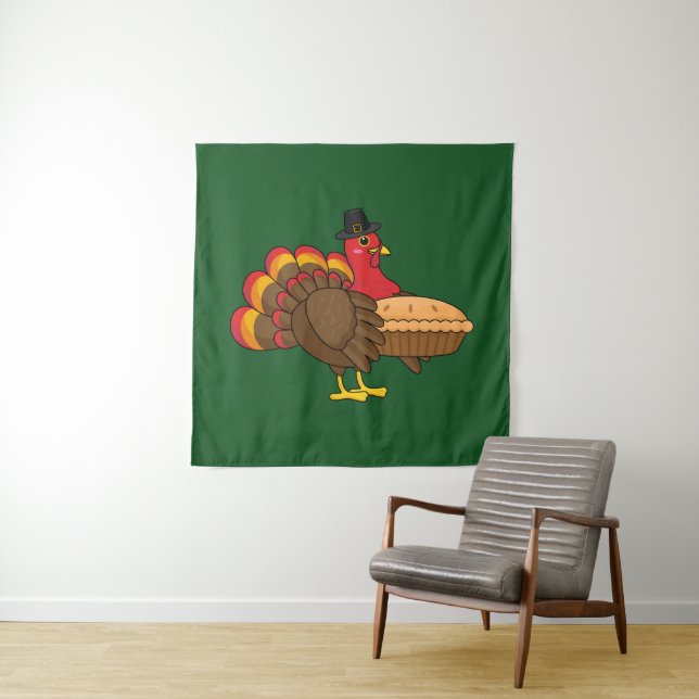 Cute Turkey with Pumpkin Pie Thanksgiving Tapestry (In Situ)