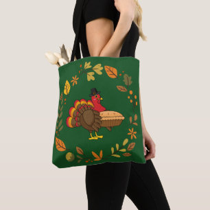 Cute Turkey with Pumpkin Pie Thanksgiving Tote Bag