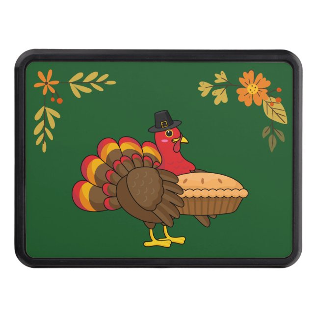 Cute Turkey with Pumpkin Pie Thanksgiving Trailer Hitch Cover (Front)