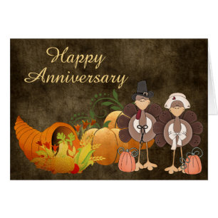 Cute Turkeys Golden Thanksgiving Anniversary Card