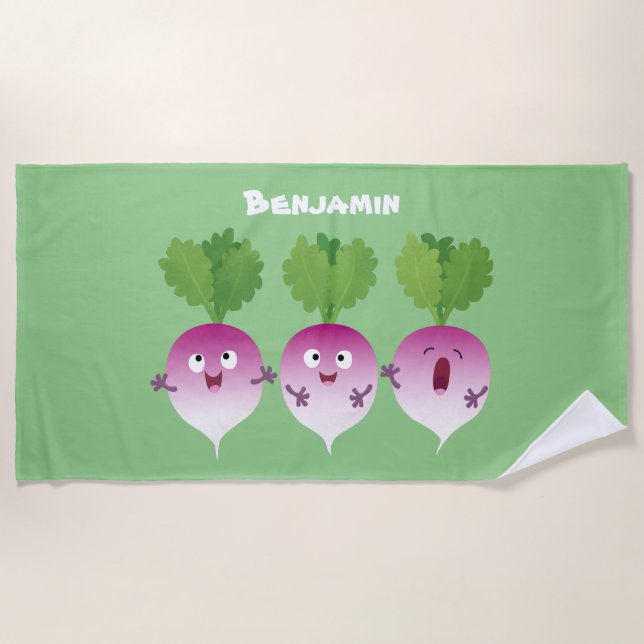 Cute turnip vegetable trio singing cartoon beach towel (Front)