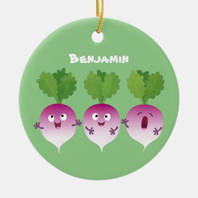 Cute turnip vegetable trio singing cartoon  ceramic ornament (Front)