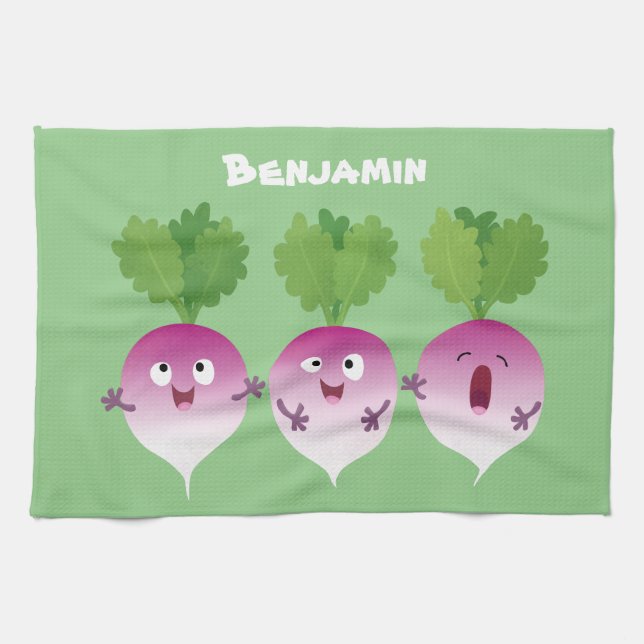 Cute turnip vegetable trio singing cartoon kitchen towel (Horizontal)